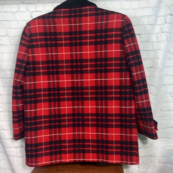 VINTAGE 50s Pendleton Tartan Plaid Faux Fur Collared Wool Car Coat red - Picture 7 of 14